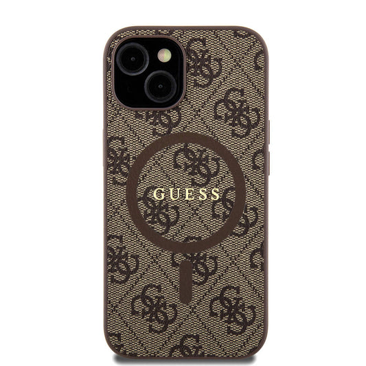 Apple iPhone 15 Kılıf Guess Orjinal Lisanslı M-safe Şarj Özellikli PU Halkalı 4G Desenli Yazı Logolu Kapak Kahverengi