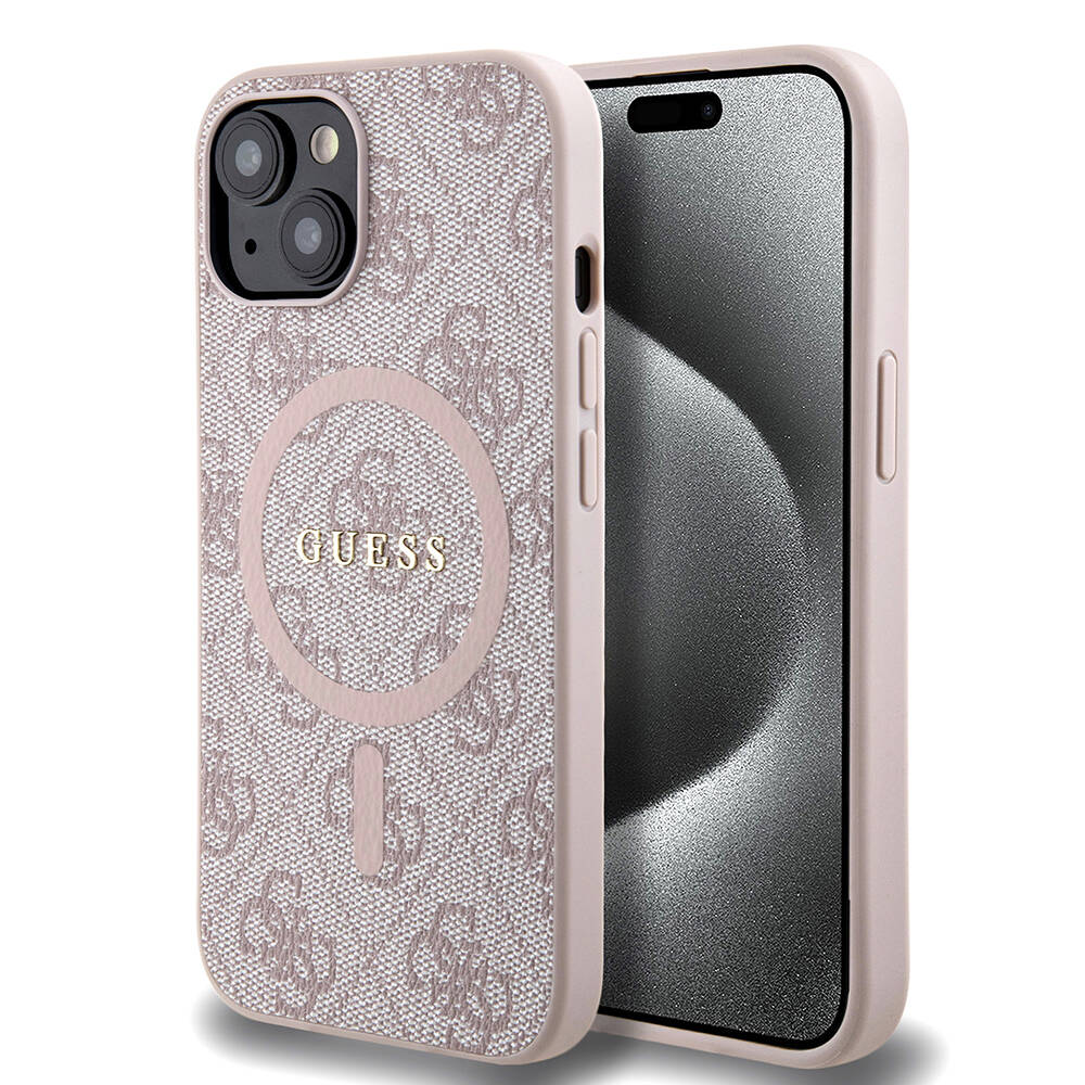 Apple iPhone 15 Kılıf Guess Orjinal Lisanslı M-safe Şarj Özellikli PU Halkalı 4G Desenli Yazı Logolu Kapak Siyah