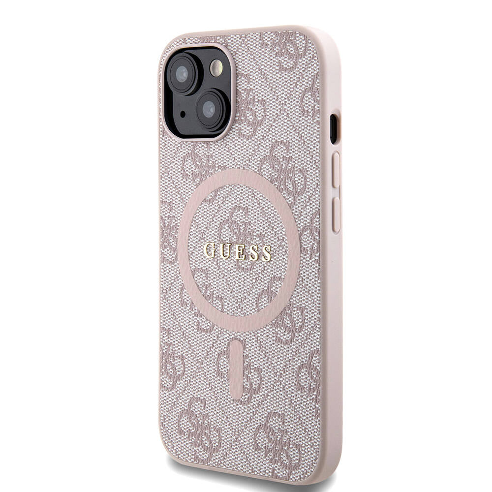 Apple iPhone 15 Kılıf Guess Orjinal Lisanslı M-safe Şarj Özellikli PU Halkalı 4G Desenli Yazı Logolu Kapak Pembe
