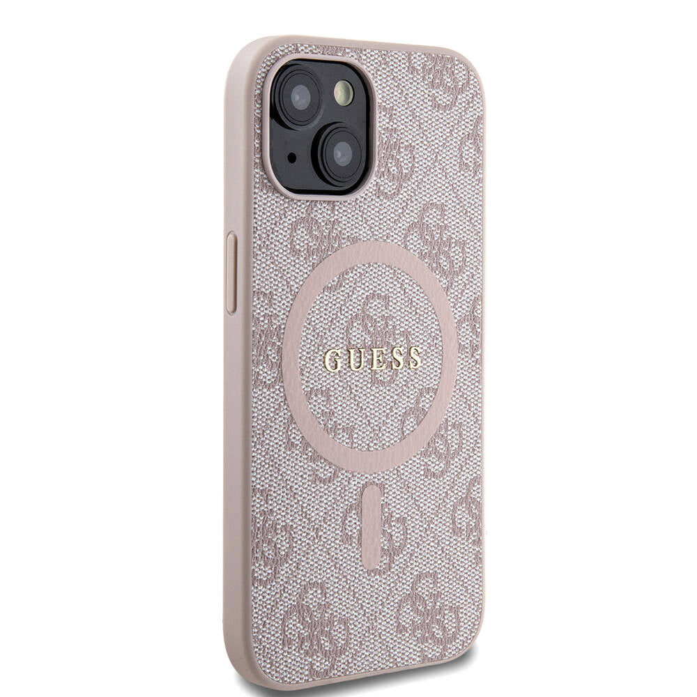 Apple iPhone 15 Kılıf Guess Orjinal Lisanslı M-safe Şarj Özellikli PU Halkalı 4G Desenli Yazı Logolu Kapak Kahverengi