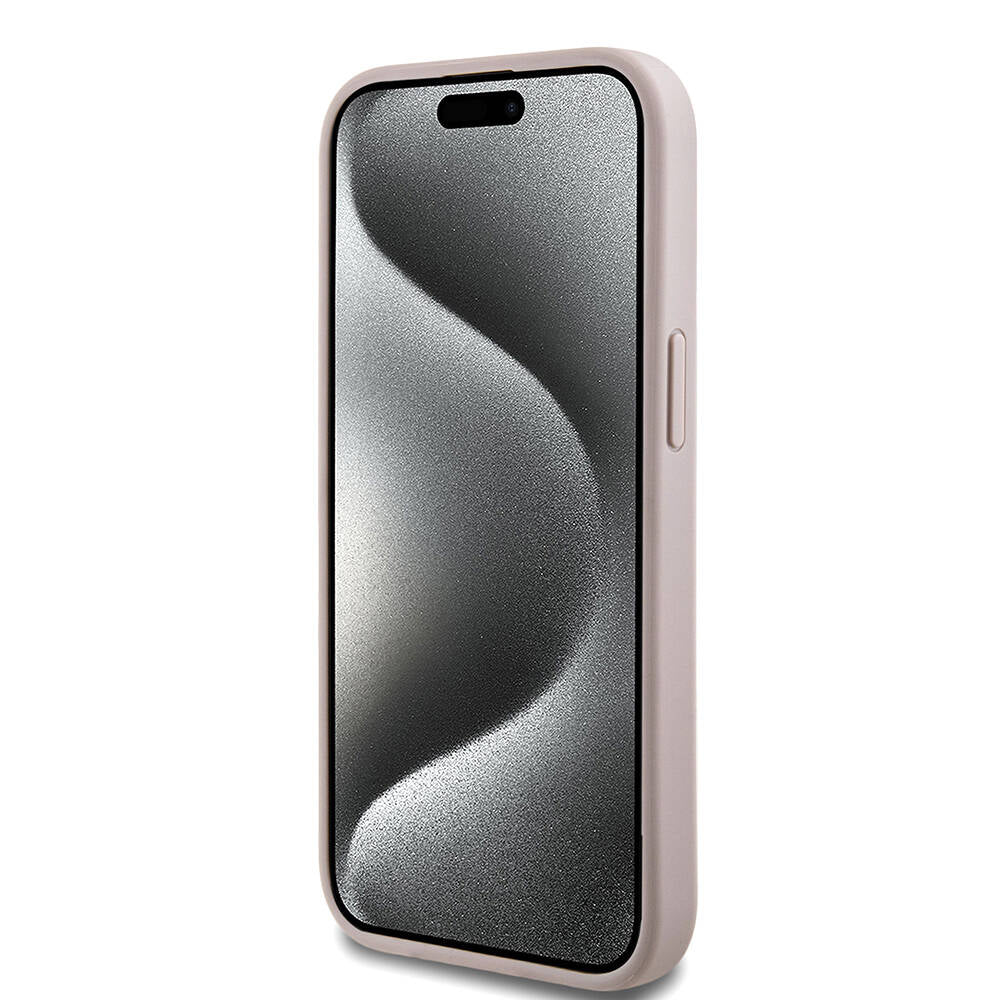 Apple iPhone 15 Kılıf Guess Orjinal Lisanslı M-safe Şarj Özellikli PU Halkalı 4G Desenli Yazı Logolu Kapak Kahverengi