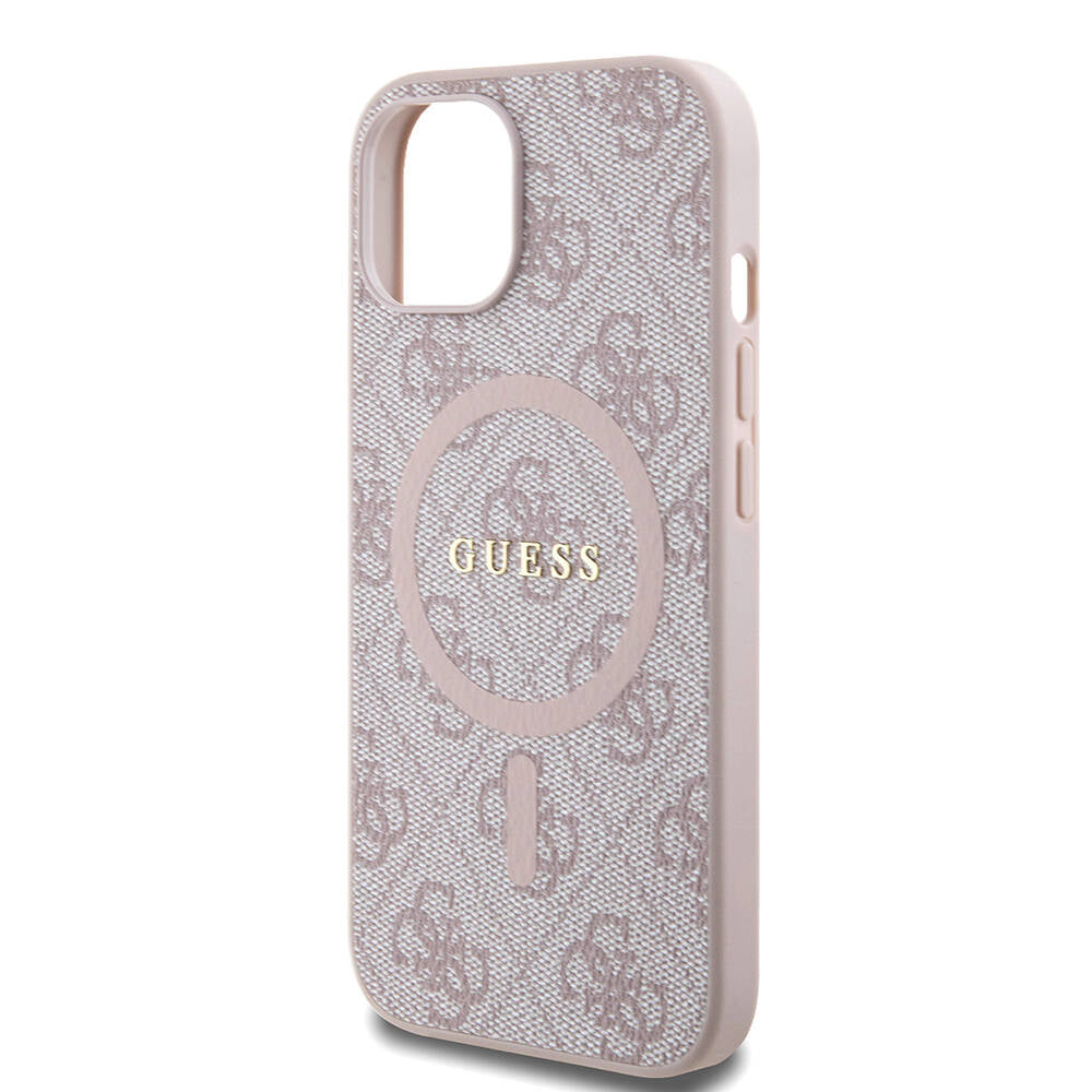 Apple iPhone 15 Kılıf Guess Orjinal Lisanslı M-safe Şarj Özellikli PU Halkalı 4G Desenli Yazı Logolu Kapak Pembe
