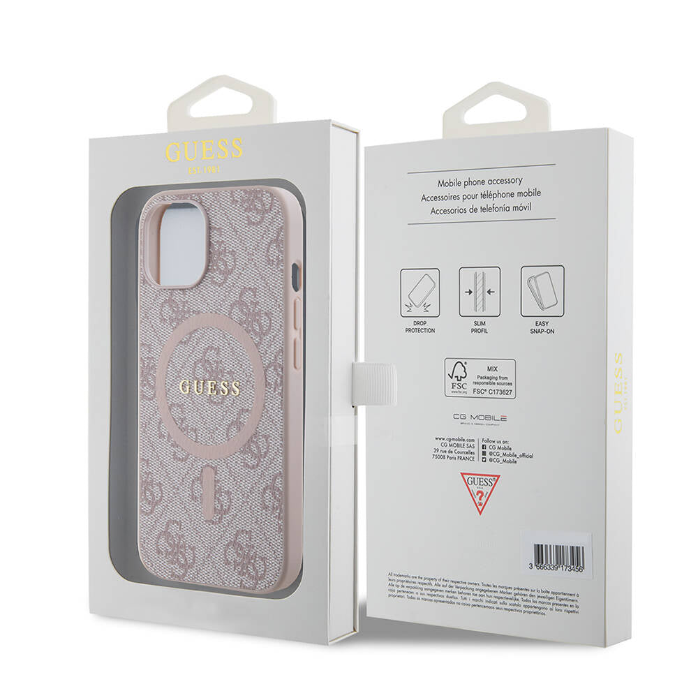 Apple iPhone 15 Kılıf Guess Orjinal Lisanslı M-safe Şarj Özellikli PU Halkalı 4G Desenli Yazı Logolu Kapak Pembe