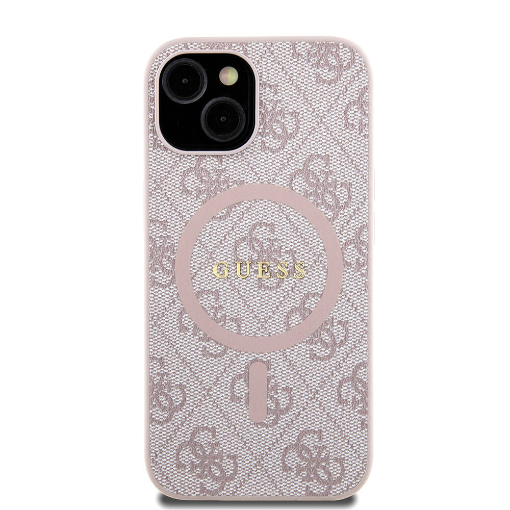Apple iPhone 15 Kılıf Guess Orjinal Lisanslı M-safe Şarj Özellikli PU Halkalı 4G Desenli Yazı Logolu Kapak Pembe