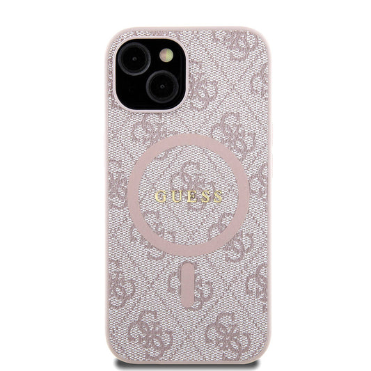 Apple iPhone 15 Kılıf Guess Orjinal Lisanslı M-safe Şarj Özellikli PU Halkalı 4G Desenli Yazı Logolu Kapak Pembe