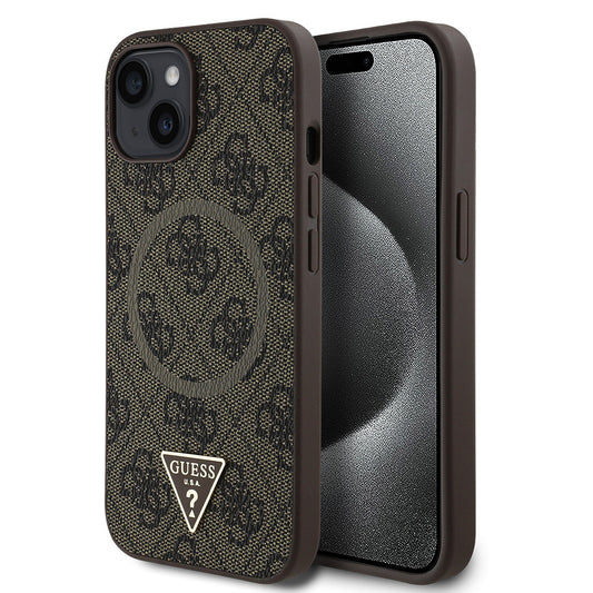 Apple iPhone 15 Kılıf Guess Orjinal Lisanslı M-safe Şarj Özellikli PU Üçgen Logo 4G Desenli Kapak Siyah
