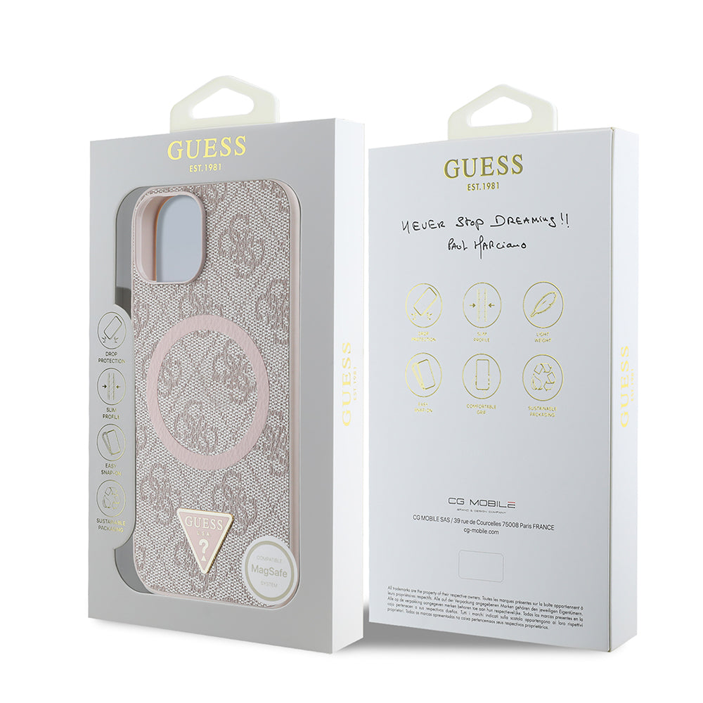 Apple iPhone 15 Kılıf Guess Orjinal Lisanslı M-safe Şarj Özellikli PU Üçgen Logo 4G Desenli Kapak Siyah
