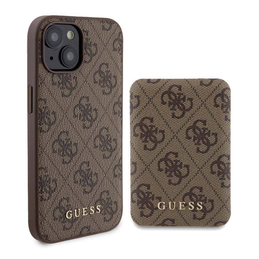 Apple iPhone 15 Kılıf Guess Orjinal Lisanslı M-safe Şarj Özellikli Yazı Logolu 4G Desenli Kapak + Powerbank 5000mAh 2in1 Set Siyah