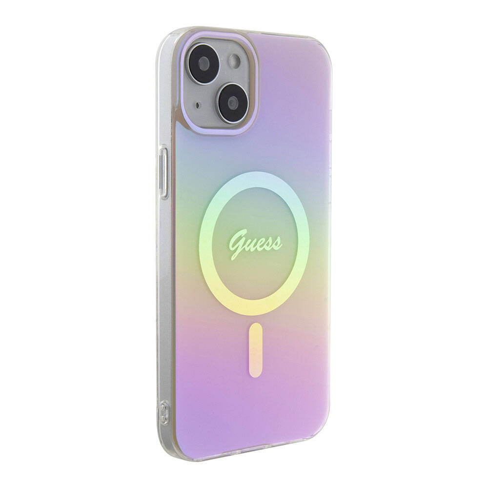 Apple iPhone 15 Kılıf Guess Orjinal Lisanslı M-safe Şarj Özellikli Yazı Logolu Iridescent Kapak