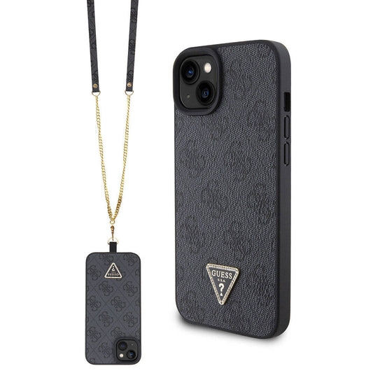 Apple iPhone 15 Kılıf Guess Orjinal Lisanslı PU Deri Askılı Taşlı Üçgen Logo 4G Desenli Strass Crossbody Kapak Siyah