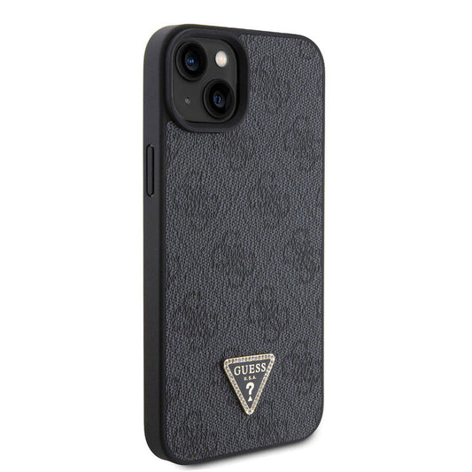 Apple iPhone 15 Kılıf Guess Orjinal Lisanslı PU Deri Askılı Taşlı Üçgen Logo 4G Desenli Strass Crossbody Kapak Siyah