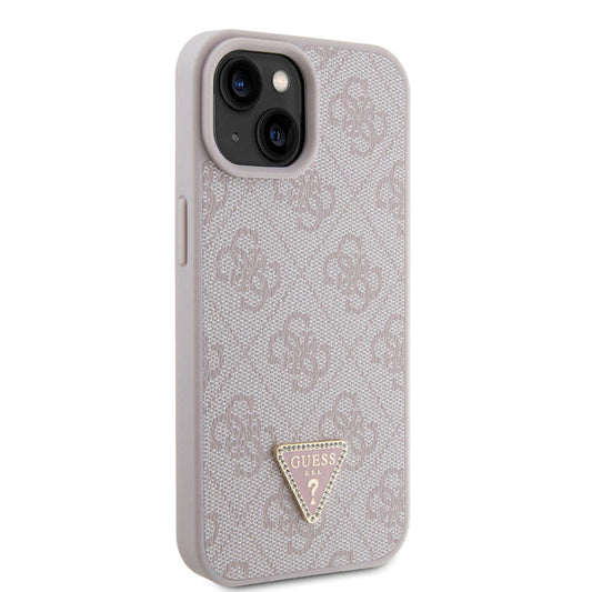 Apple iPhone 15 Kılıf Guess Orjinal Lisanslı PU Deri Taşlı Üçgen Logo 4G Desenli Strass Kapak Pembe