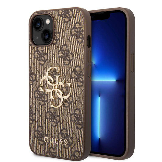 Apple iPhone 15 Kılıf Guess Orjinal Lisanslı PU Deri Yazı ve 4G Metal Logolu Desenli Kapak Gri