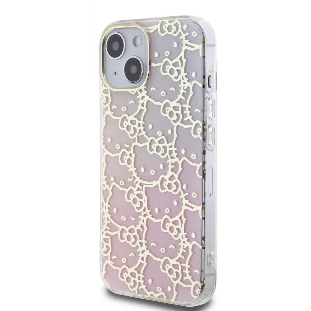 Apple iPhone 15 Kılıf Hello Kitty Orjinal Lisanslı Renk Geçişli Elektroplating Kaplama Kitty Head Desenli Kapak Pembe