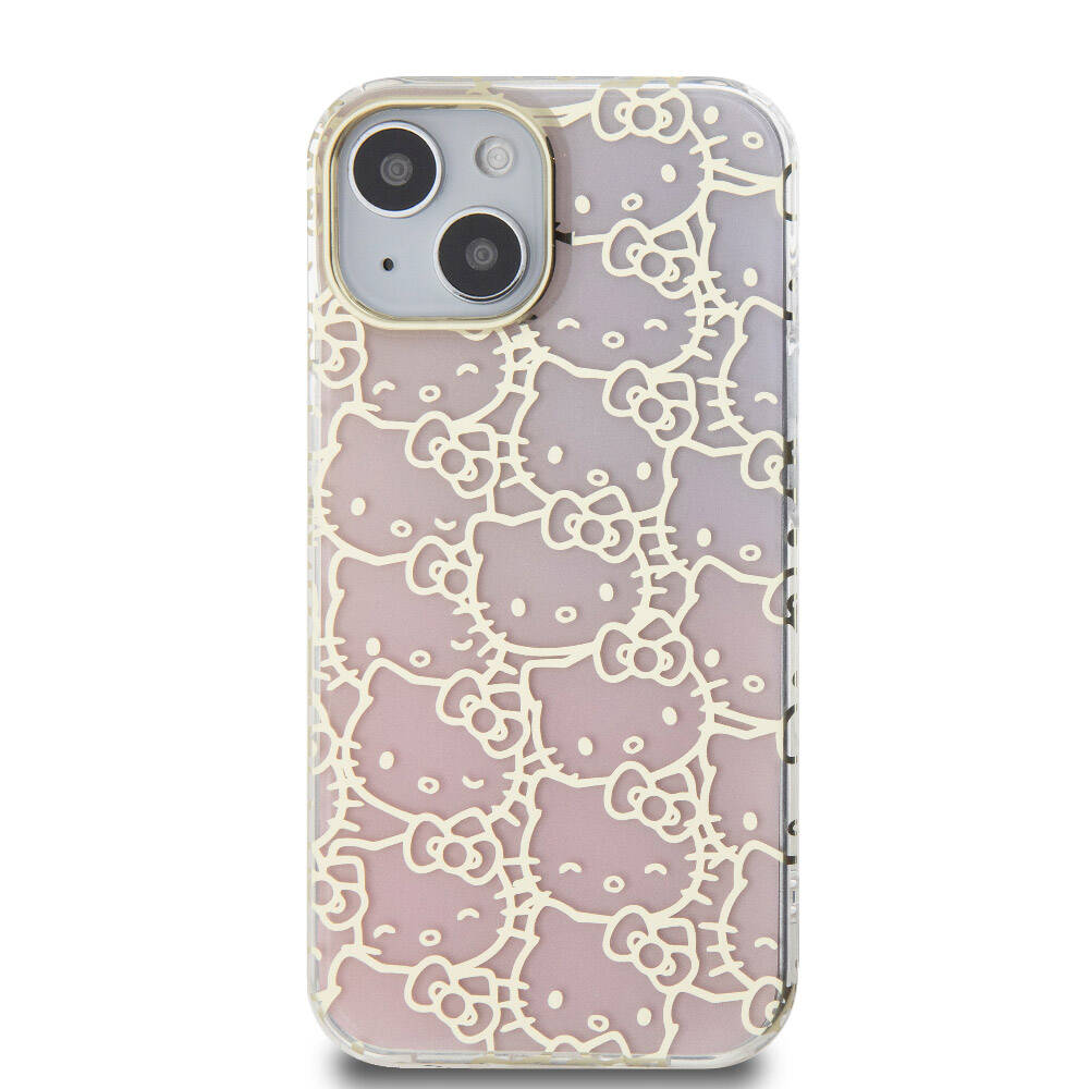 Apple iPhone 15 Kılıf Hello Kitty Orjinal Lisanslı Renk Geçişli Elektroplating Kaplama Kitty Head Desenli Kapak Pembe