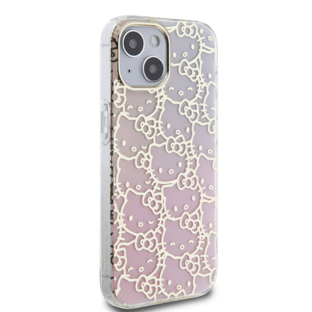 Apple iPhone 15 Kılıf Hello Kitty Orjinal Lisanslı Renk Geçişli Elektroplating Kaplama Kitty Head Desenli Kapak Pembe