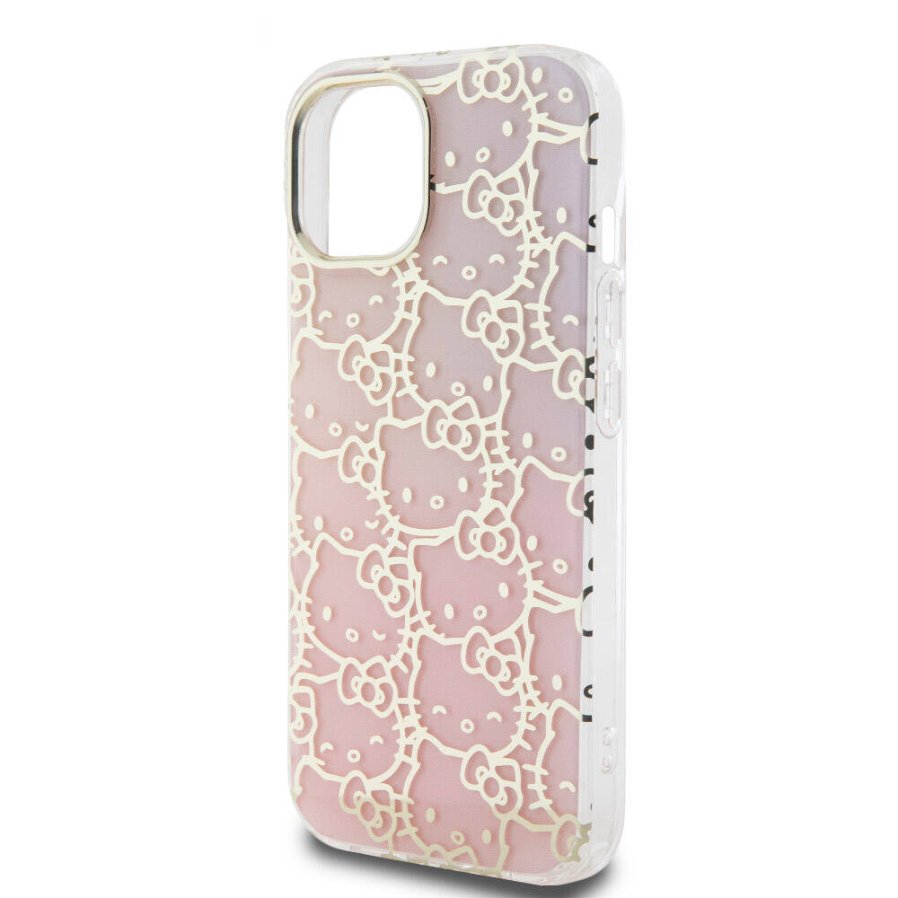 Apple iPhone 15 Kılıf Hello Kitty Orjinal Lisanslı Renk Geçişli Elektroplating Kaplama Kitty Head Desenli Kapak Pembe
