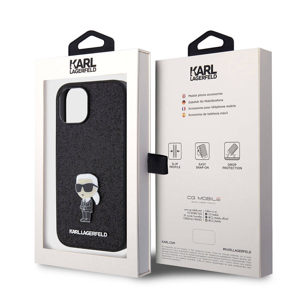 Apple iPhone 15 Kılıf Karl Lagerfeld İkonik Fixed Glitter Metal Logo Orjinal Lisanslı Kapak Siyah