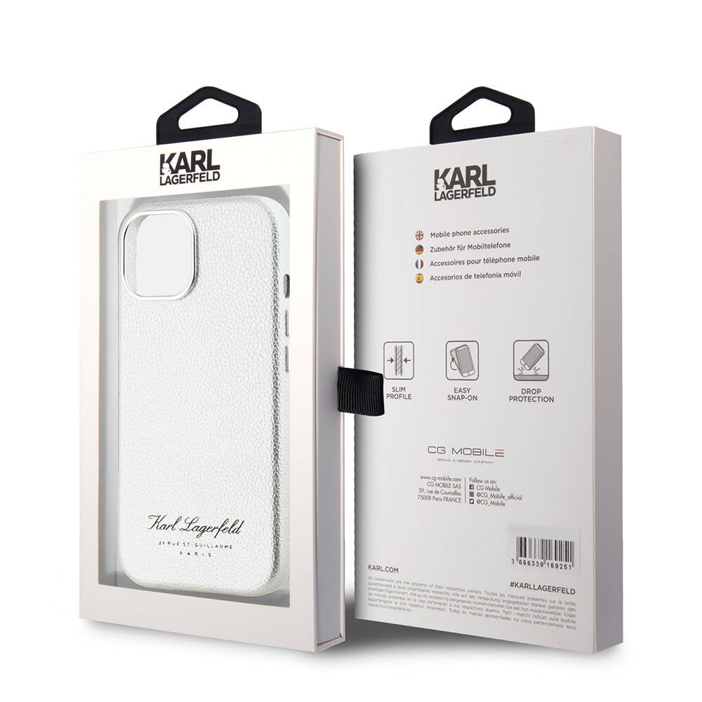 Apple iPhone 15 Kılıf Karl Lagerfeld Orjinal Lisanslı KL Yazılı Hotel Kapak Gri