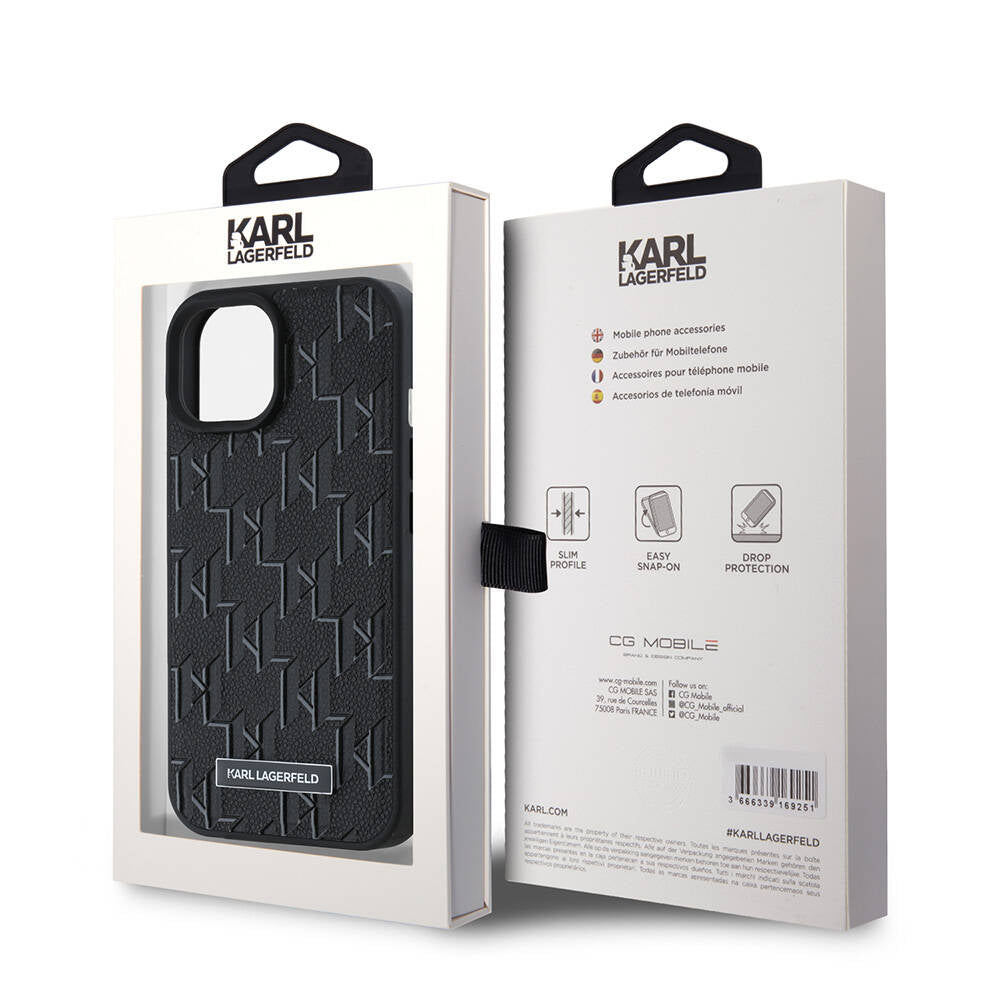 Apple iPhone 15 Kılıf Karl Lagerfeld Orjinal Lisanslı M-safe Şarj Özellikli KL Yazılı Hot Stamp Kapak Siyah