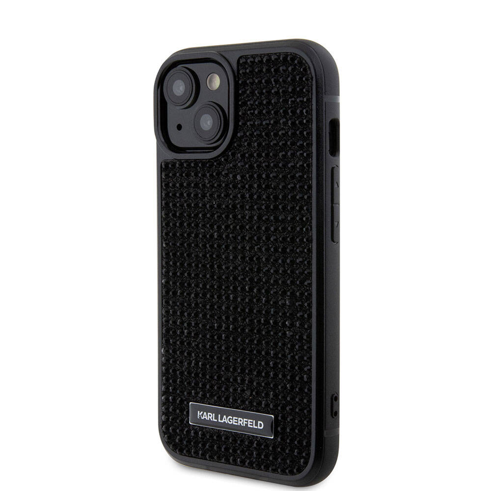 Apple iPhone 15 Kılıf Karl Lagerfeld Taşlı Metal Logo Orjinal Lisanslı Kapak Siyah