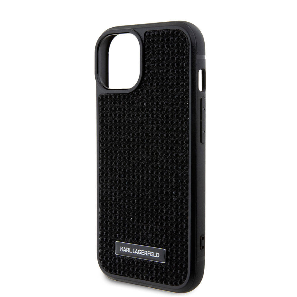 Apple iPhone 15 Kılıf Karl Lagerfeld Taşlı Metal Logo Orjinal Lisanslı Kapak Siyah