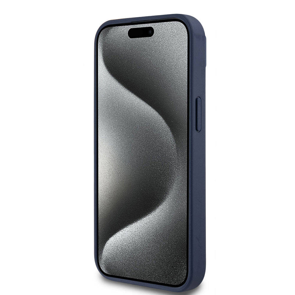 Apple iPhone 15 Kılıf Lacoste Orjinal Lisanslı M-safe Şarj Özellikli PU Deri Görünümlü Karışık Monogram Desenli Kapak Lacivert