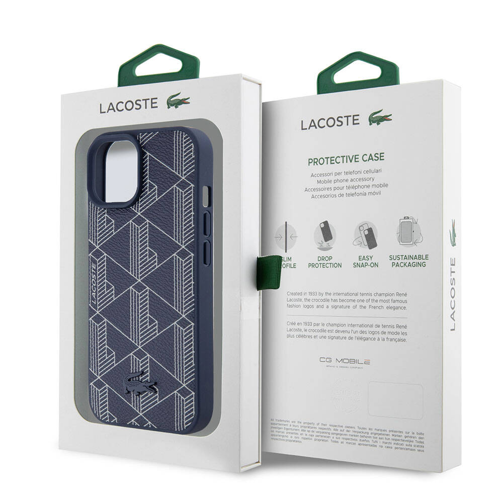 Apple iPhone 15 Kılıf Lacoste Orjinal Lisanslı M-safe Şarj Özellikli PU Deri Görünümlü Karışık Monogram Desenli Kapak Lacivert