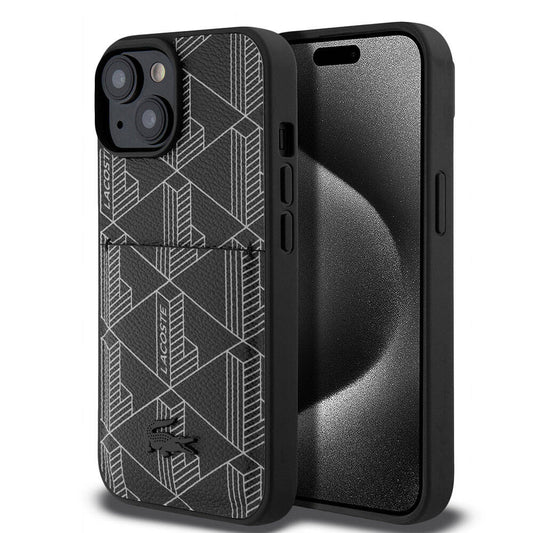 Apple iPhone 15 Kılıf Lacoste Orjinal Lisanslı M-safe Şarj Özellikli PU Deri Görünümlü Kartlıklı Karışık Monogram Desenli Kapak Siyah