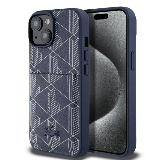 Apple iPhone 15 Kılıf Lacoste Orjinal Lisanslı M-safe Şarj Özellikli PU Deri Görünümlü Kartlıklı Karışık Monogram Desenli Kapak Lacivert