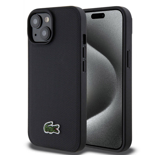 Apple iPhone 15 Kılıf Lacoste Orjinal Lisanslı PU Pike Desenli Arka Yüzey İkonik Timsah Dokuma Logolu Kapak Siyah
