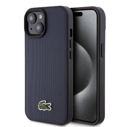 Apple iPhone 15 Kılıf Lacoste Orjinal Lisanslı PU Pike Desenli Arka Yüzey İkonik Timsah Dokuma Logolu Kapak Lacivert