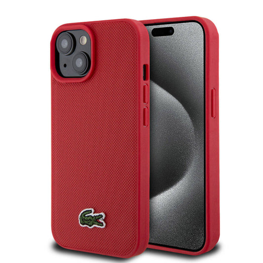 Apple iPhone 15 Kılıf Lacoste Orjinal Lisanslı PU Pike Desenli Arka Yüzey İkonik Timsah Dokuma Logolu Kapak Kırmızı