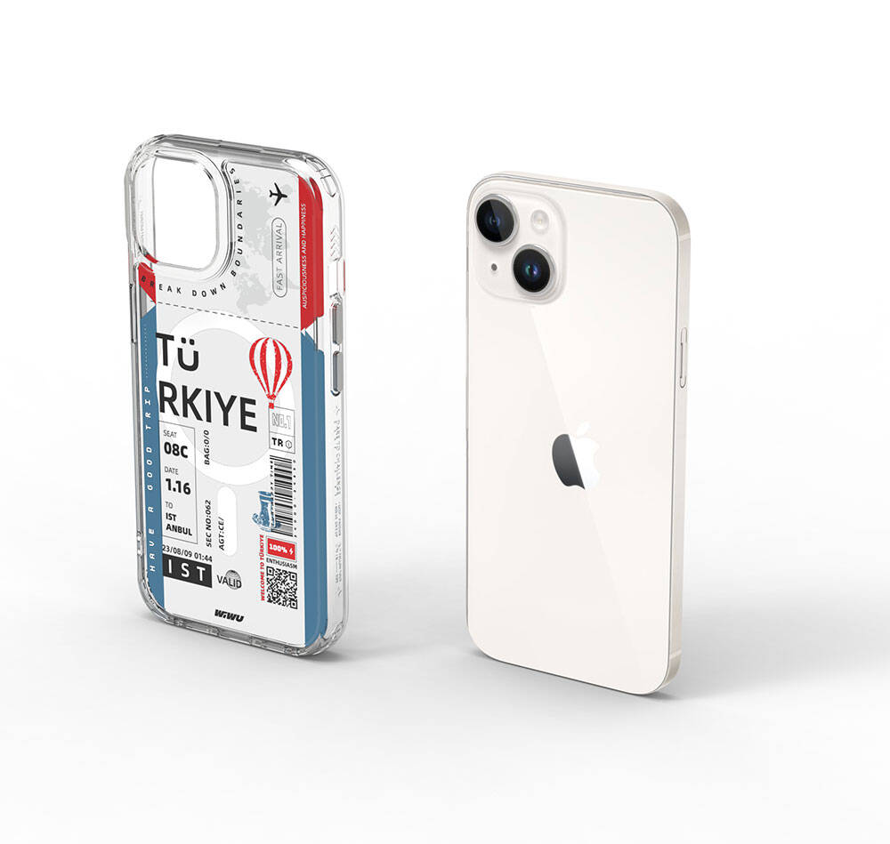 Apple iPhone 15 Kılıf M-safe Şarj Özellikli Bilet Desenli Wiwu Turkey B Serisi Kapak Pembe