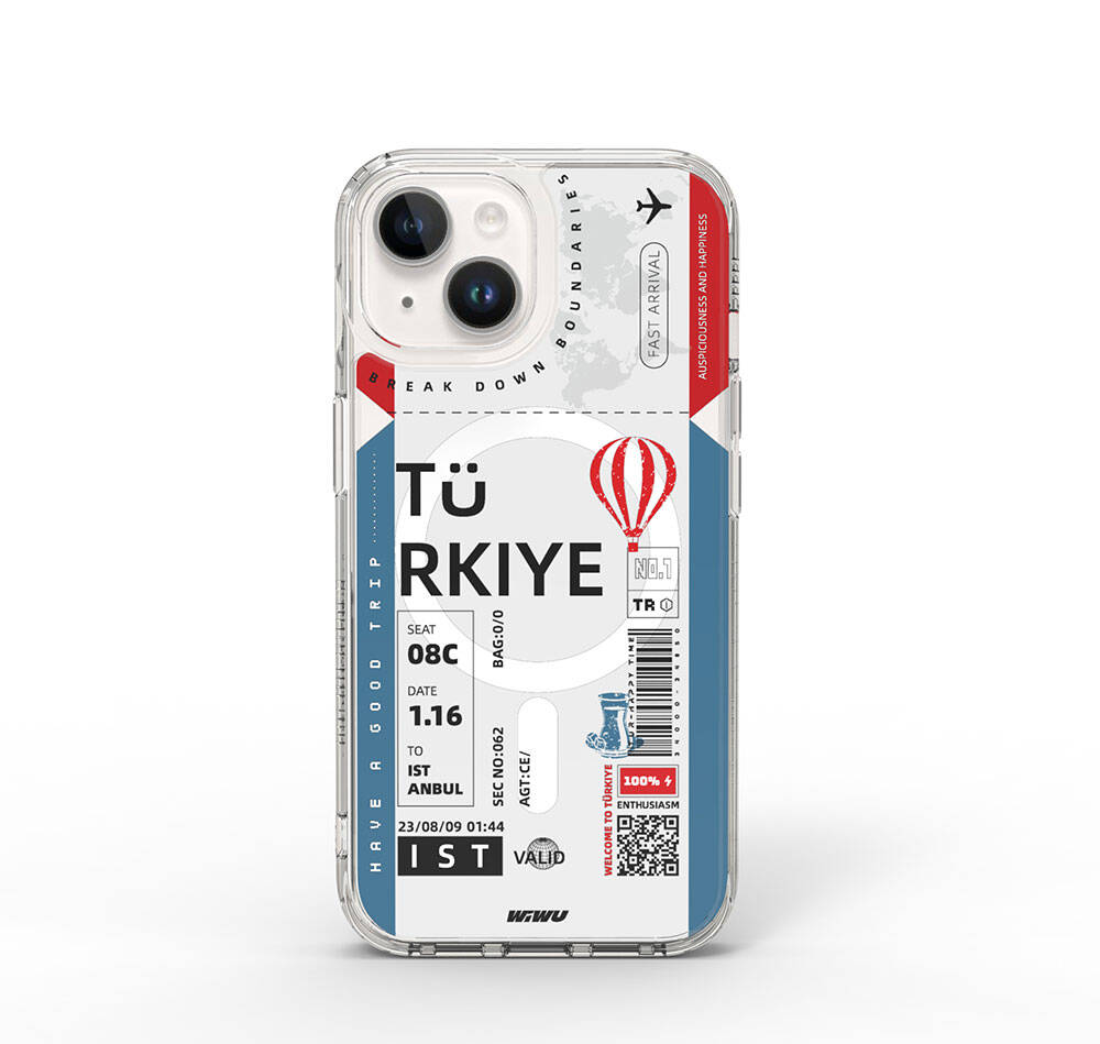 Apple iPhone 15 Kılıf M-safe Şarj Özellikli Bilet Desenli Wiwu Turkey B Serisi Kapak Pembe