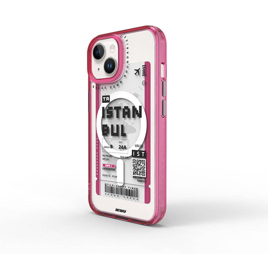 Apple iPhone 15 Kılıf M-safe Şarj Özellikli Bilet Desenli Wiwu Turkey B Serisi Kapak Pembe