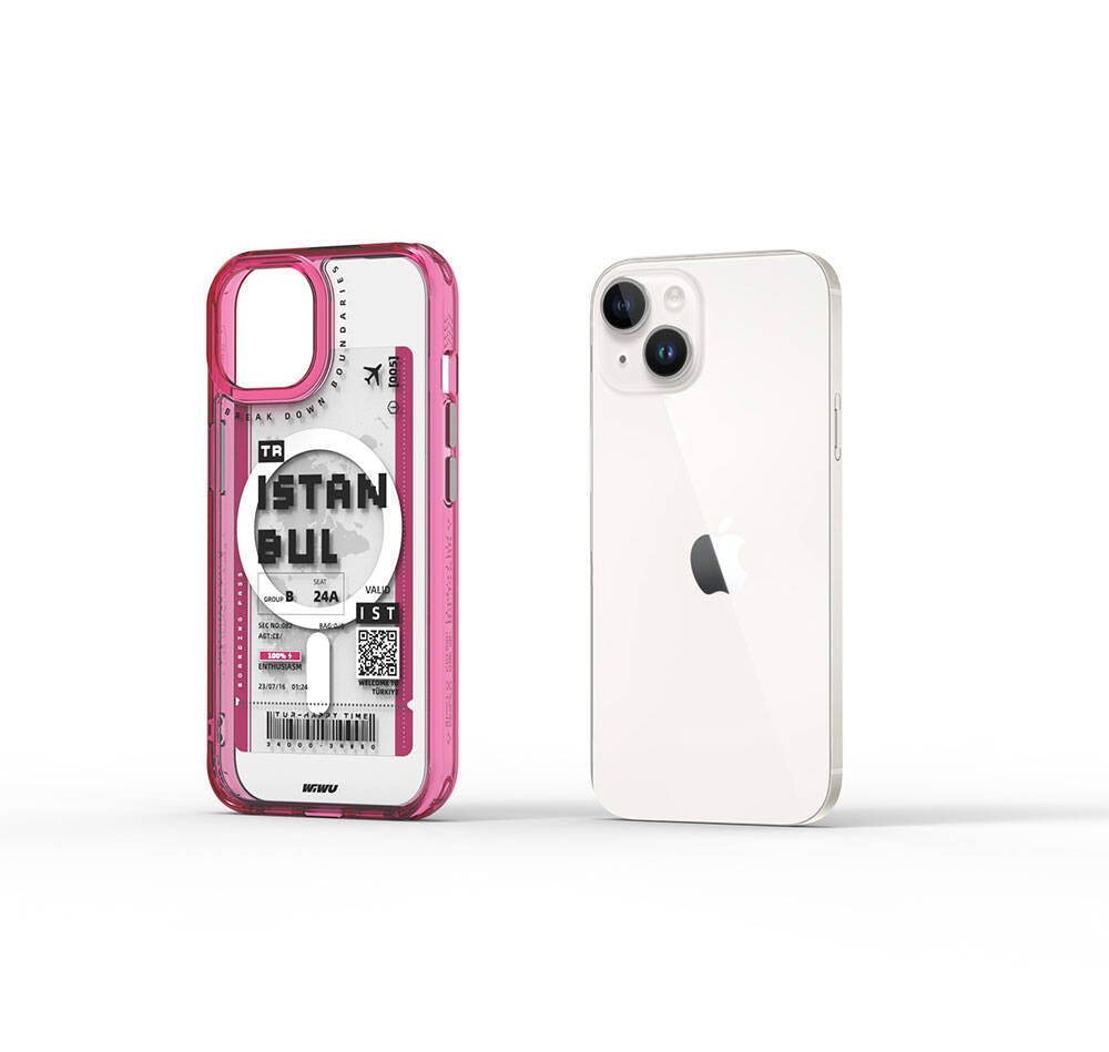 Apple iPhone 15 Kılıf M-safe Şarj Özellikli Bilet Desenli Wiwu Turkey B Serisi Kapak Pembe