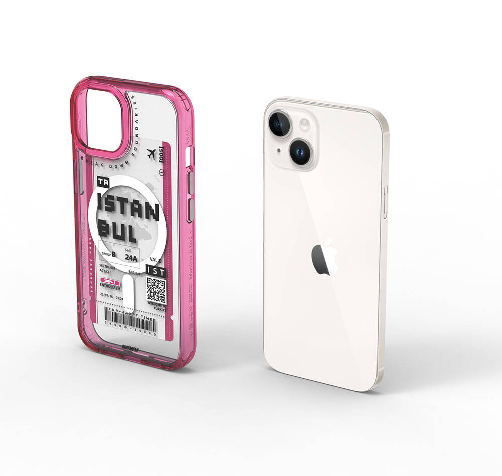 Apple iPhone 15 Kılıf M-safe Şarj Özellikli Bilet Desenli Wiwu Turkey B Serisi Kapak Pembe