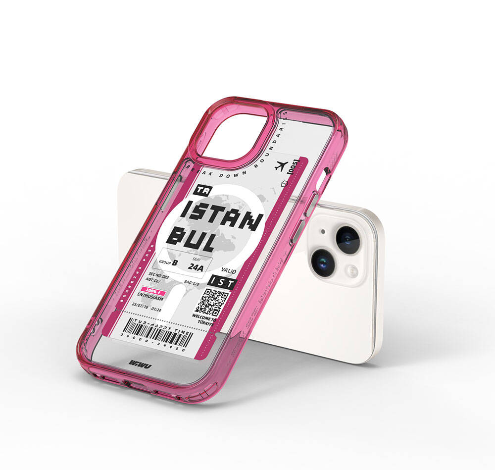 Apple iPhone 15 Kılıf M-safe Şarj Özellikli Bilet Desenli Wiwu Turkey B Serisi Kapak Pembe