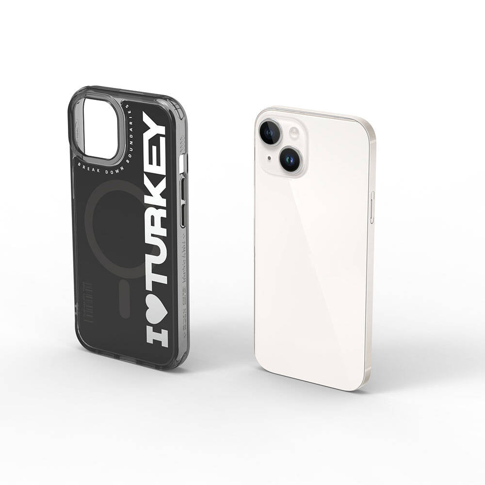 Apple iPhone 15 Kılıf M-safe Şarj Özellikli I Love Turkey Yazı Desenli Wiwu Turkey E Serisi Kapak Siyah