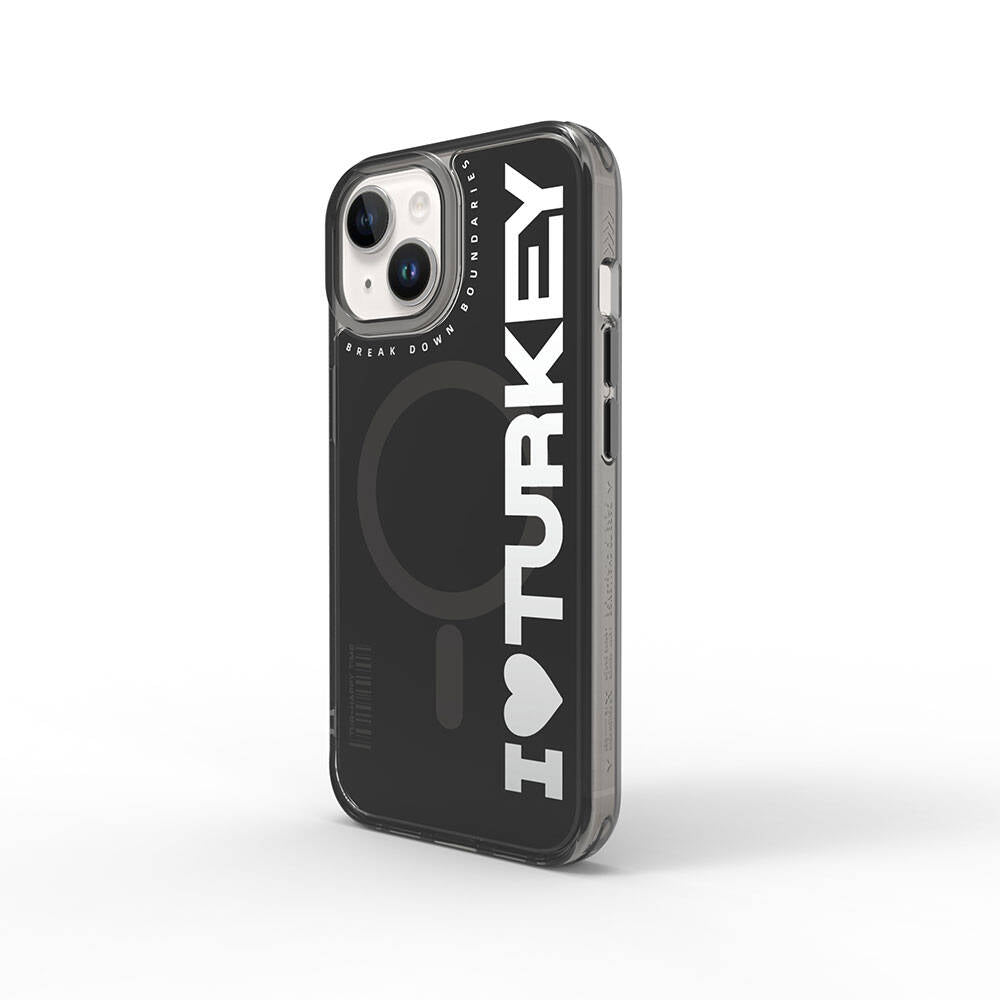 Apple iPhone 15 Kılıf M-safe Şarj Özellikli I Love Turkey Yazı Desenli Wiwu Turkey E Serisi Kapak Siyah