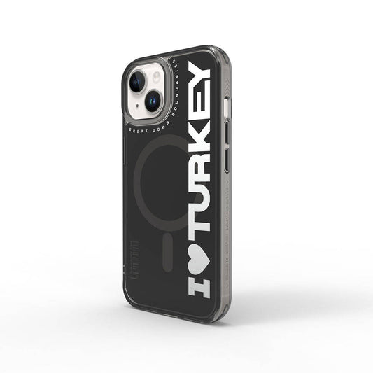 Apple iPhone 15 Kılıf M-safe Şarj Özellikli I Love Turkey Yazı Desenli Wiwu Turkey E Serisi Kapak Siyah