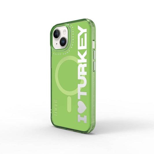 Apple iPhone 15 Kılıf M-safe Şarj Özellikli I Love Turkey Yazı Desenli Wiwu Turkey E Serisi Kapak Yeşil