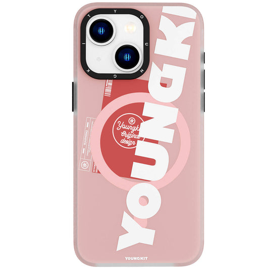 Apple iPhone 15 Kılıf M-safe Şarj Özellikli Youngkit Binfen Serisi Yazı Temalı Kapak Pembe