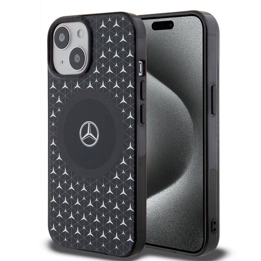 Apple iPhone 15 Kılıf Mercedes Benz Orjinal Lisanslı M-safe Şarj Özellikli Çift Katmanlı Mini Yıldız Desenli Kapak Siyah