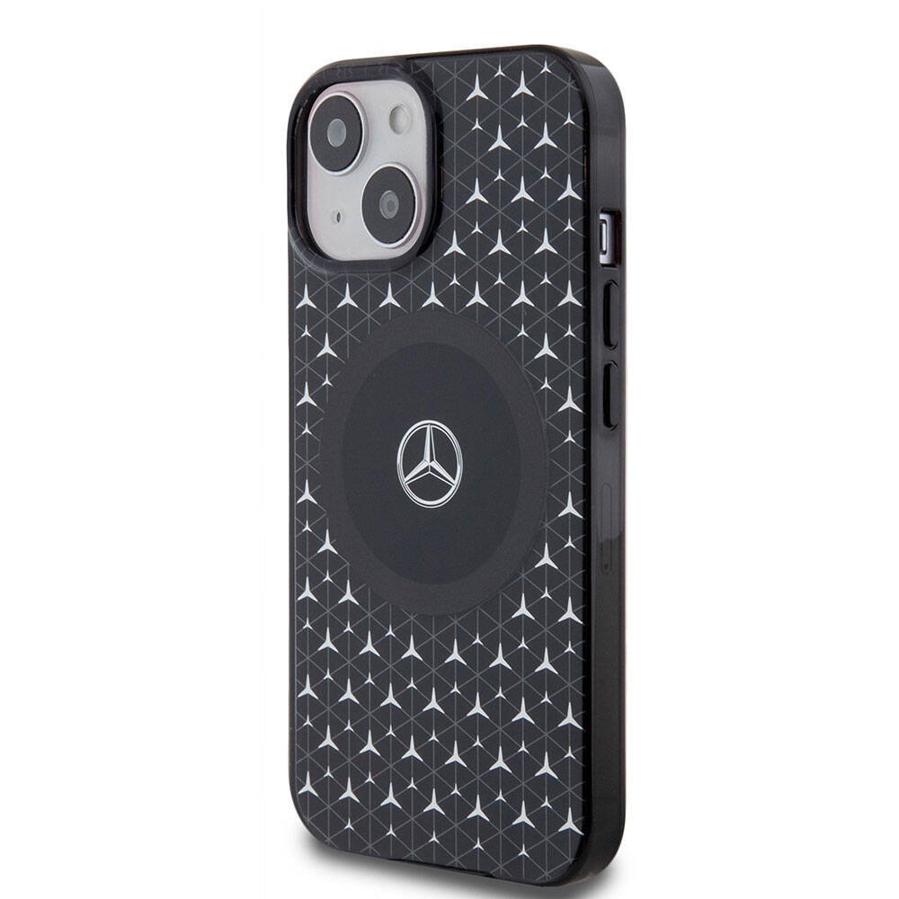 Apple iPhone 15 Kılıf Mercedes Benz Orjinal Lisanslı M-safe Şarj Özellikli Çift Katmanlı Mini Yıldız Desenli Kapak Siyah