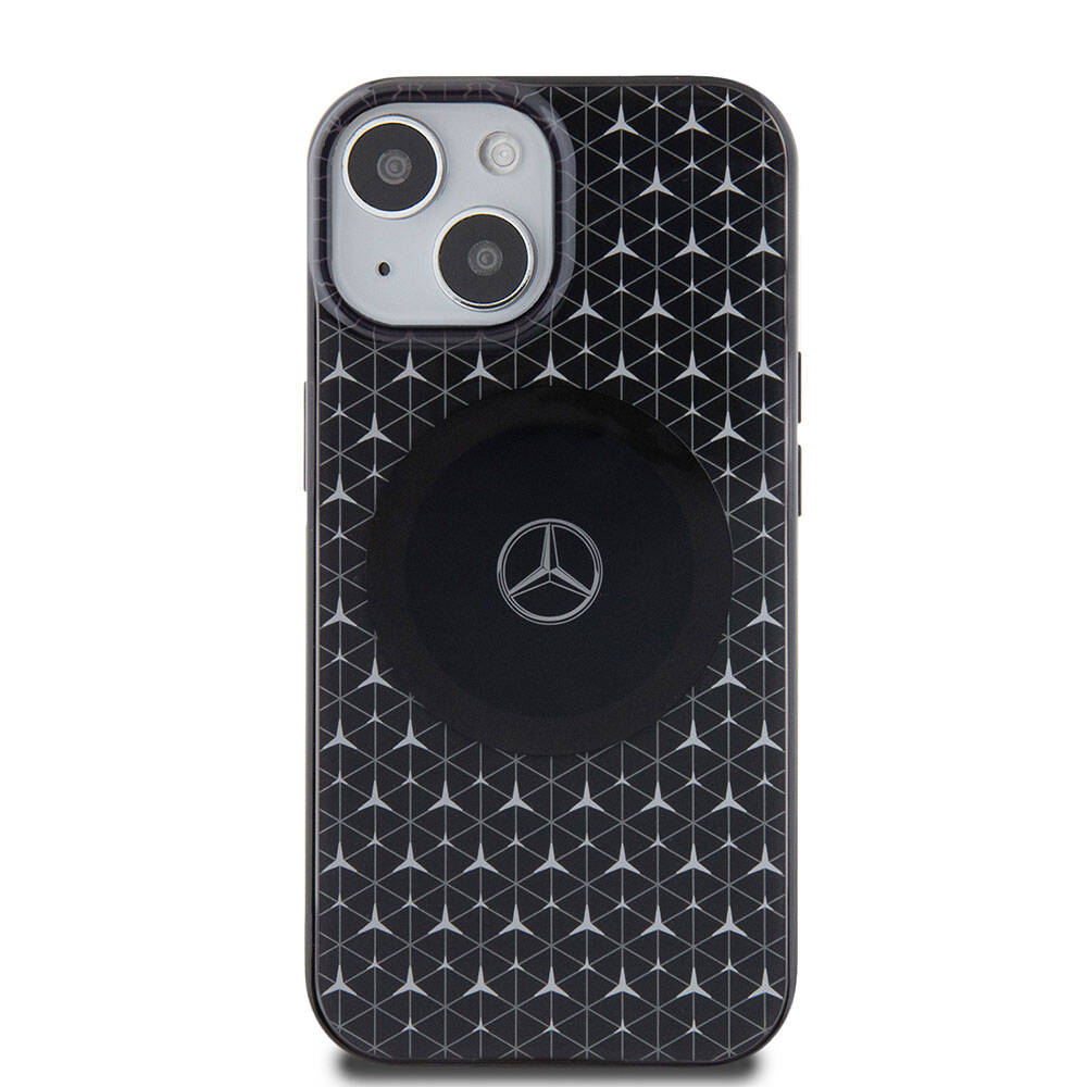 Apple iPhone 15 Kılıf Mercedes Benz Orjinal Lisanslı M-safe Şarj Özellikli Çift Katmanlı Mini Yıldız Desenli Kapak Siyah