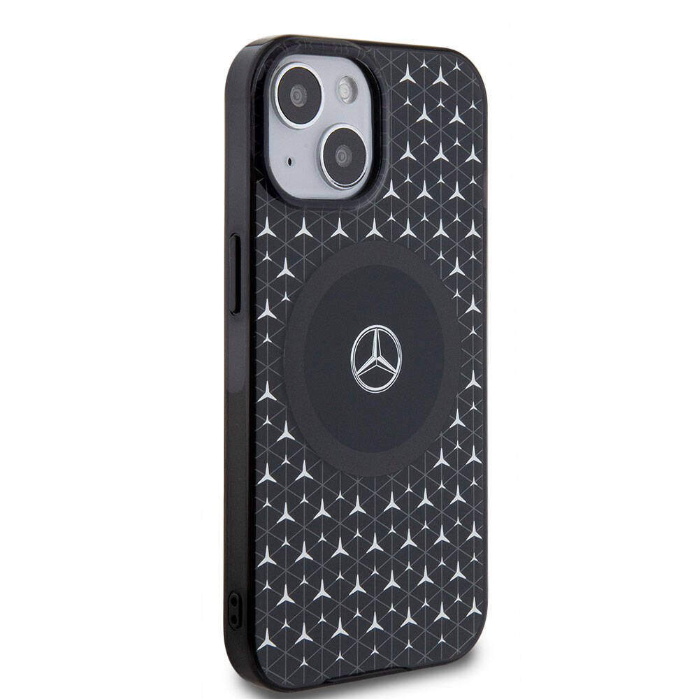 Apple iPhone 15 Kılıf Mercedes Benz Orjinal Lisanslı M-safe Şarj Özellikli Çift Katmanlı Mini Yıldız Desenli Kapak Siyah