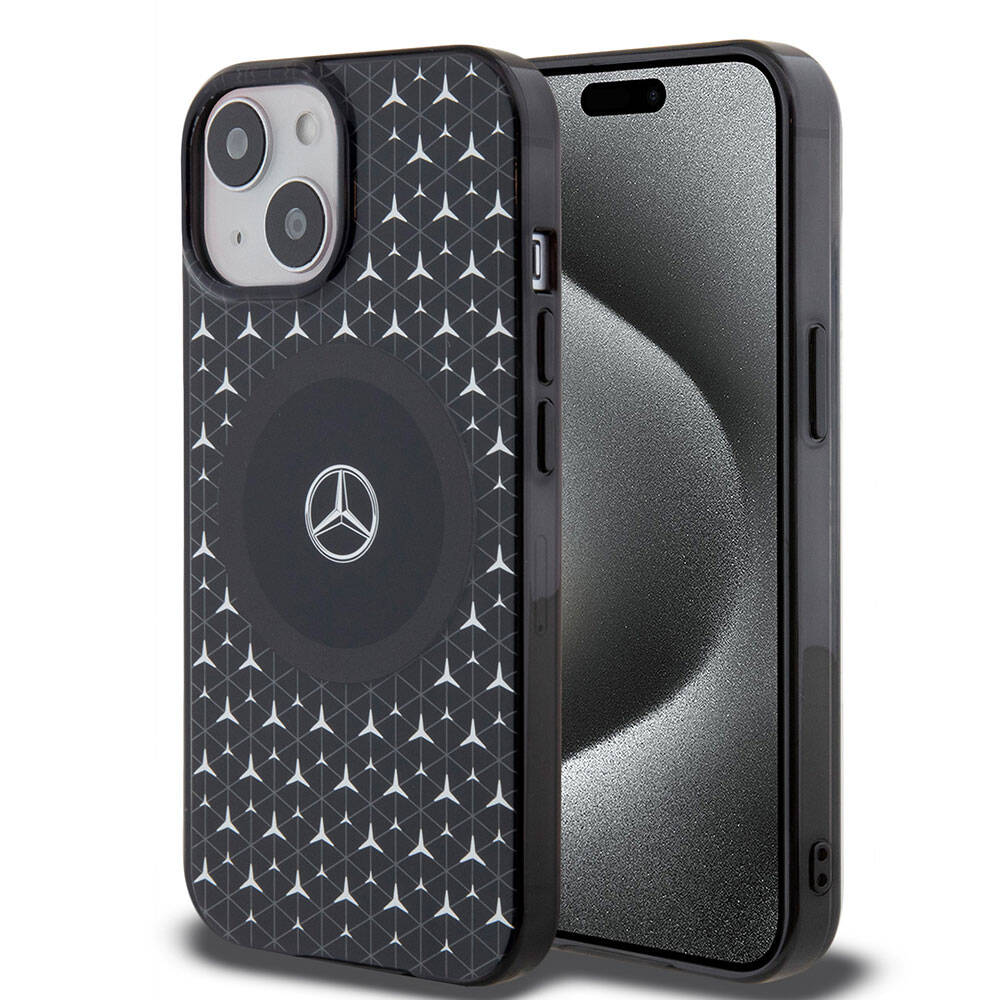 Apple iPhone 15 Kılıf Mercedes Benz Orjinal Lisanslı M-safe Şarj Özellikli Çift Katmanlı Mini Yıldız Desenli Kapak Siyah