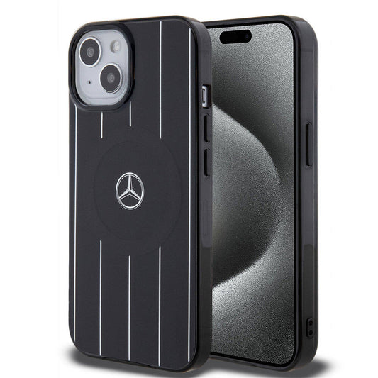 Apple iPhone 15 Kılıf Mercedes Benz Orjinal Lisanslı M-safe Şarj Özellikli Çift Katmanlı Paralel Çizgi Desenli Kapak Beyaz